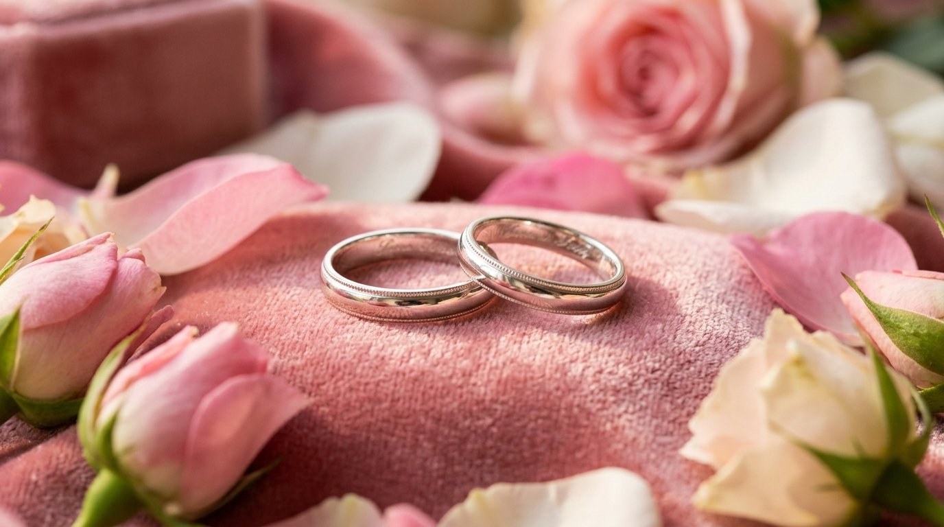 Aliança de namoro de prata sobre superfície rosa aveludada com pétalas de rosa